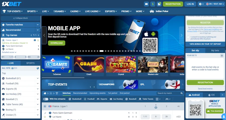 1xBet app download page