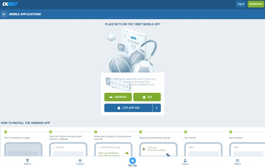 1xBet apps page